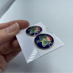 Vintage Enamel Cloisonné Blue & Pink Flower Studded Earrings Boho Photo 2