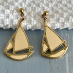 Sail Away W Me! Gold Tone & Ivory Enamel Vintage Sailboat Pierced Earrings Multiple Photo 1