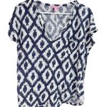 Lilly Pulitzer Duval Linen Short Sleeve Shirt Little Fish Ikat Navy White Small Photo 0