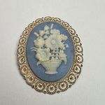 Western Germany Blue Floral Arrangement Cameo Brooch Pin Gold Tone Vintage Photo 0
