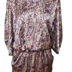 LONDON MILANO PARIS Paisley Silk Blend V Neck Dolman Sleeve Smocked Waist Mini Purple Size 2 Photo 0