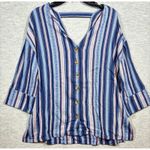 RD‎ & Koko Blue Stripe 3/4 Sleeve V Neck Cut Out Back Woven Women's Shirt Boho L Size L Photo 0
