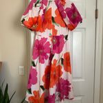Anthropologie floral pink and orange bold print midi wrap dress Photo 2