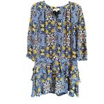 Loft  Ann Taylor Blue & Yellow Floral Drop Waist Ruffle Dress Size Small Petite Photo 1