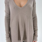 Free People  Beige Waffle Drippy Thermal Long Sleeve V-neckline Top Size Small Photo 0
