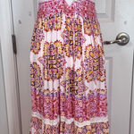 Angie  Boho Paisley Maxi Dress L Twist Front Cutout Tiered Lace Trim Photo 0