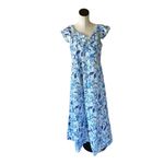 H by Halston NWT H Halston Sleeveless Batik Blossom Angle Blue Ruffled Strap Dress Photo 10