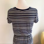 Olive & Oak  Navy Blue and Gray Striped Elastic Tie Waist Knit Dress Photo 4