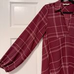 Coverstitched  Long Sleeve V Neck Top Blouse Crimson Red White Plaid Medium Photo 3