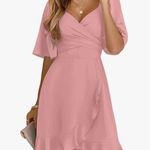 NEW V Neck Smocked Tiered Belted Ruffle Hem Mini Dress L Pink Size L Photo 0