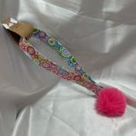 Handmade Colorful Pink and Blue Floral Wristlet Keychain and Bright Pink Pompom Photo 1