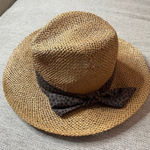 Loft ‎ Straw Fedora Hat Womens S/M Brown Leopard Print Ribbon Bow Summer Beach Photo 0