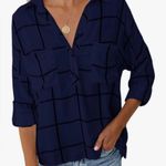 🔵 Women’s Navy Blue Windowpane Plaid Blouse | High Photo 1