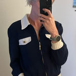 St. John  Navy Cream Santana Knit Bomber Jacket Photo 0