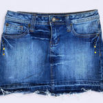 Y2K 2000s Mcbling Goth Grunge Whimsy Micro Mini Denim Jeans Skirt Low rise Rhinestone Stud Frayed Hem #Bedazzled #Grunge #2000s #Trendy #Sequin Size 3 Photo 0