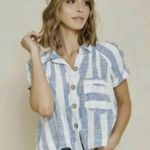 Free People  We The Free Linen Blend Away At Sea Blue/ White Striped Top sz Small Photo 14