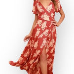 Lulus  Wrap Maxi Dress Women's XL Rust Red Beige Floral V-Neck Flutter Sleeves Photo 0