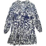 ZARA Printed Tunic Mini Dress Blue White L Bohemian Peasant Long Sleeve Flowy Photo 1
