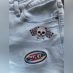 Black Heart Stretchy Low Rise Denim Shorts Embroidered Patches Size 9 Light Wash Photo 5