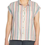 Orvis Linen Blend Button Up Shirt Striped Cap Sleeve Casual Top Large Boxy Fit Photo 0