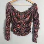 Free People  Reina Floral Velvet Off the Shoulder Top Women's Small Brown Ruched Photo 5