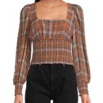 Gianni Bini Faye Plaid Smocked Square Neck Long Sleeve Woven Blouse Size 12 Photo 0