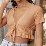 Lulus  Popular Pick Peach Tie-Front Short Sleeve Crop Top Coral Ruffles Sz M Photo 0
