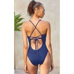 Becca New. blue plunge neck with crochet swimsuit medium Photo 2