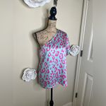 Entro NTM: One Shoulder Minty Blue with Pink Leopard Print Blouse Sz Small Photo 5