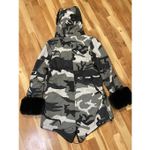ASA Faux Fur Puffer Jacket Gray Camo Print Oversized Hooded Coat New Small Photo 4