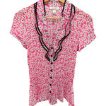 Dress Barn Pink Floral Pleated Ruffle Button Blouse Romantic Cottagecore M Photo 0