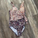 Lands' End  Slender Tummy Control V-Neck Wrap Swimsuit Navy Paisley Mix Size 12 Photo 4