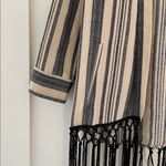 ZARA Ecru Black Stripe Rustic Fringe Tassel Trim Boho Open Front Kimono Size S Photo 9