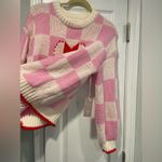 NWT Luna Ivy Size S Pink Cream Check Heart Chunky Knit Long Sleeve Crew Sweater Photo 5