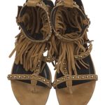 Saint Laurent  | Gladiator Suede Fringe Flat Studded Sandals Tan 35 Photo 3