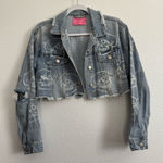 Azalea Wang Skulls Print Cropped Denim Jacket Medium Blue Photo 0