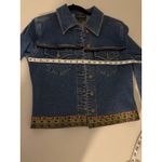 Vtg 90s Tapestry Trim Ruffle Embroidered Dark Medium Wash Denim Jean Jacket 6 Blue Photo 4