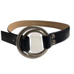 Newport News Black Leather Double Ring Circle Buckle Belt Size S/M 34" Max Length, 1.5" Wide Photo 1