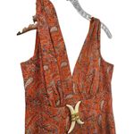 Vintage Women's Orange Paisley Maxi Dress V Neck Brooch Summer Boho Flowy Photo 2