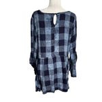 One World Plaid Tunic Top Ruffle Hem Medium Blue Bell Sleeves Keyhole Back Photo 4