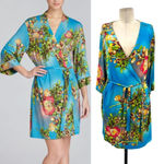Natori  Paradise Found Wrap Kimono Robe‎ Floral Print Blue Size Medium Photo 1