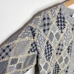 Vintage grey hand knit cotton ramie argyle patchwork grandpa sweater cardigan S Photo 5