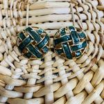 Vintage Army Green Basket Weave Flat Button Earrings 1" Diameter Photo 0