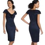 Tadashi Shoji Petite Flower Statement Piece Ruffled Detailing Dress in Navy Blue Photo 1