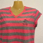 Beverly Hills Polo Club Pink Gray Striped V-Neck Tee Women’s Size L Large Casual Photo 3