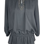 Chico's Chico’s Women’s Gold Silver Embellished Black Peplum Blouse Size 1, US 8 Photo 0