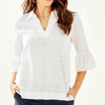 Lilly Pulitzer White Fishy Eyelet 3/4 Flounce Sleeve Cotton Top Size LARGE Photo 0
