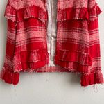 ZARA Red Pink Blogger Favorite Plaid Tweed Fringe Ruffle Cropped Blazer Jacket Photo 6