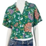 Marc New York size medium cropped linen blend floral blouse shirt top Green Photo 0