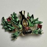 BJ Christmas Candle Red Rhinestone Holly Green Enamel Gold Tone Brooch Pin Photo 8